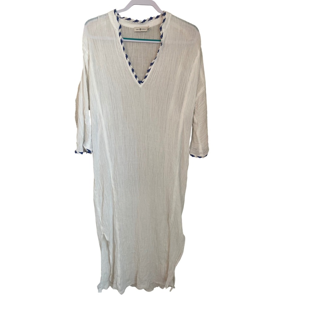 Tory Burch White Crinkle Gauze Kaftan Cover-Up Blue Crochet Trim Size‎ L Resort